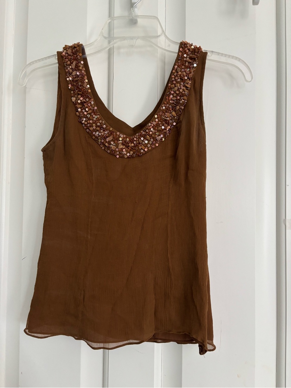 INC small Embellished Brown Sleeveless V-Neck Top chiffon